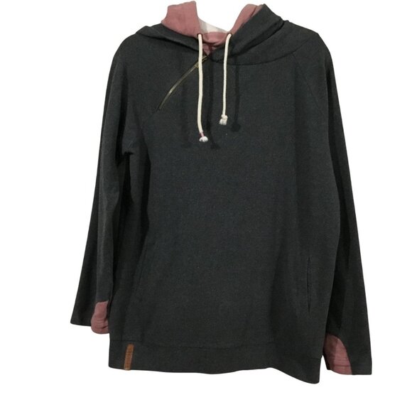 AMPERSAND AVE Tops - Ampersand Gray Dusty Pink Double Hood Pocket Zipper Detail Cozy Sweatshirt XXL